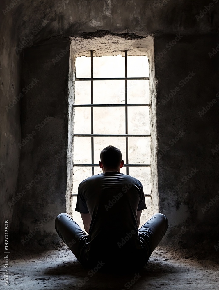 Aufkleber Contemplative figure sitting by a window in a dark room showcasing introspection and solitude : Generative AI