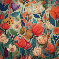 Fototapeta premium Beautiful Floral Pattern with Leaves and Blooming Flowers on a Soft Texture Background