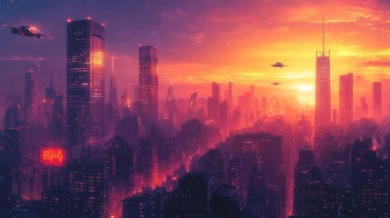 Futuristic cityscape with neon lights skyscrapers and flying vehicles at sunset. Generative AI