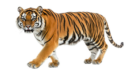 Fototapeta premium Majestic Tiger Strutting on White Background - Full Body Shot Wildlife Photography no background