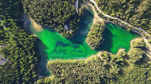 Aerial view of serene green lake surrounded by lush forest, Gruner See, Bruck an der Mur, Styria, Austria.