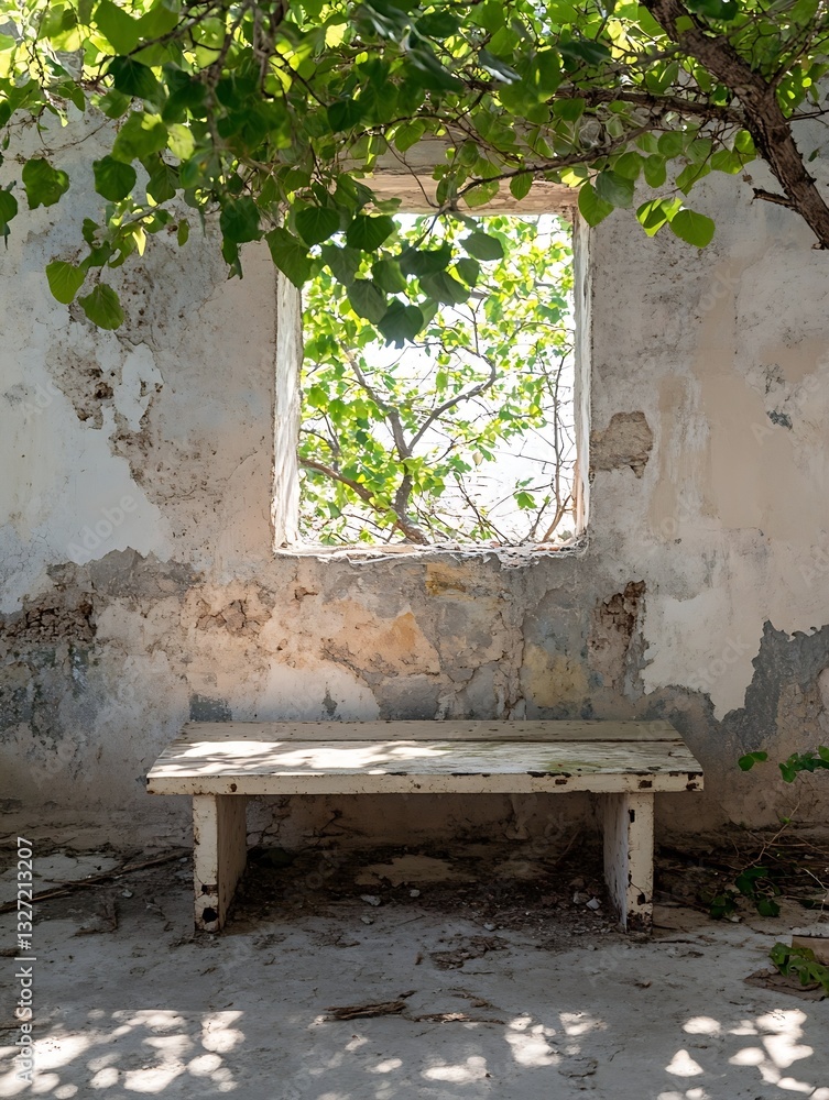 Poster Serene and rustic view of an empty bench surrounded by nature and sunlight : Generative AI