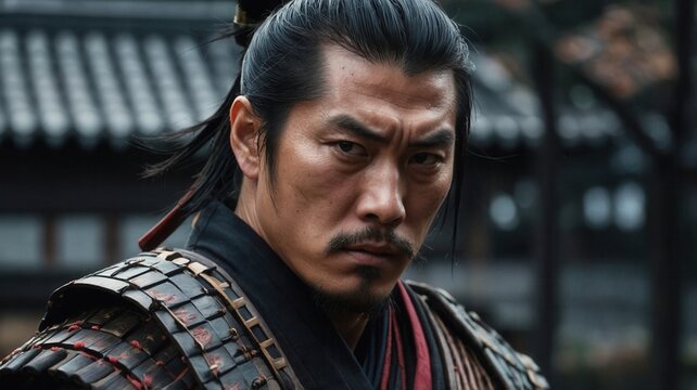 A samurai in traditional armor stands with a serious expression, capturing the atmosphere Japan. His warrior stance, long hair, and battle armor highlight the cultural heritage and disciplin