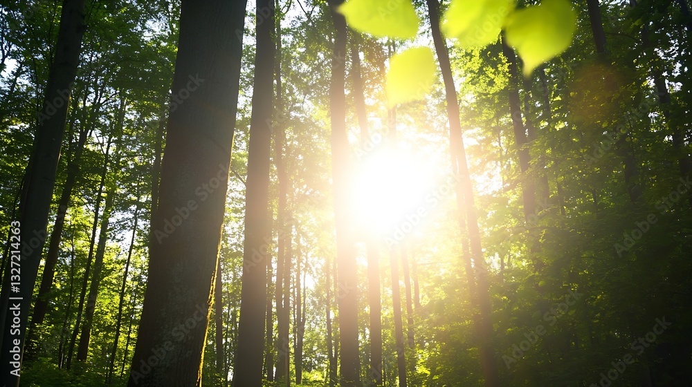Fototapete Sunlight Filtering Through Tall Trees in a Lush Green Forest Creating a Magical Atmosphere : Generative AI