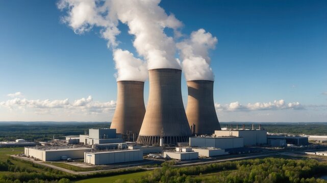 Nuclear power plant with cooling towers emitting steam on a clear day, surrounded by green landscape. Energy articles, environmental reports, educational materials, editorial use, presentations
