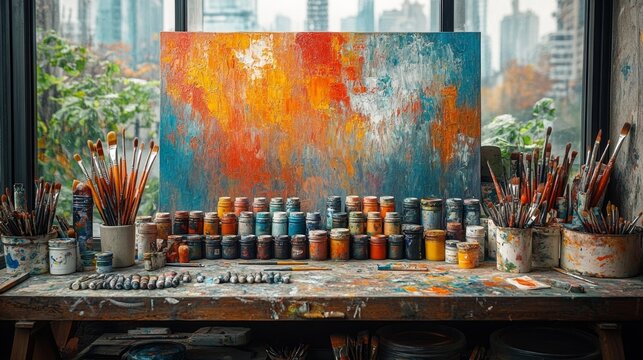 Creative artist studio filled with vibrant paints brushes and an abstract painting being created in a lively workspace. Generative AI