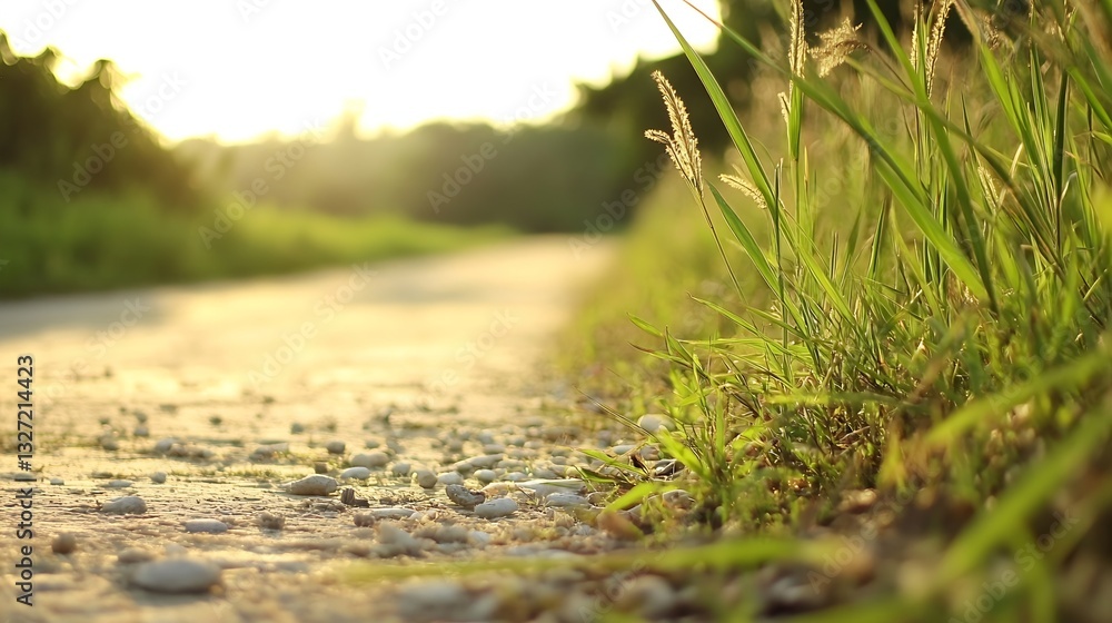 Leinwandbilder captivating golden hour view on a serene path lined with grass and pebbles : generative ai