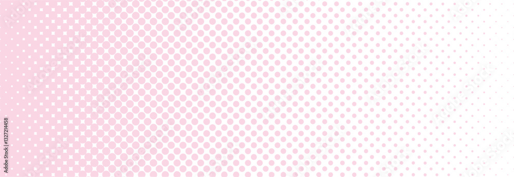 Poster Abstract halftone pattern with a gradient dot effect, transitioning from dense black circles to soft pink. Modern pop-art inspired digital background for retro and comic-style designs