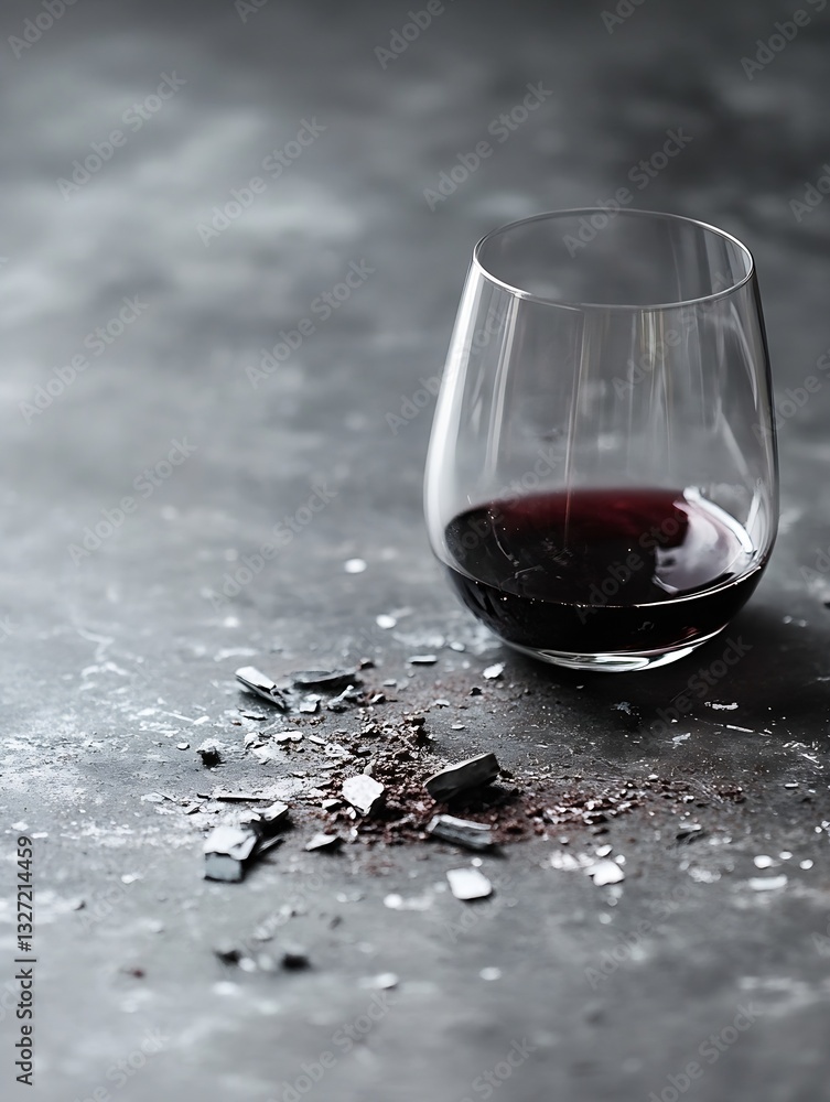 Poster elegant glass of red wine spilled with wine glass shards and messy background captured artistically 