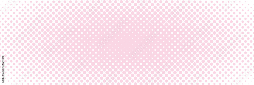 Poster Abstract halftone pattern with a gradient dot effect, transitioning from dense black circles to soft pink. Modern pop-art inspired digital background for retro and comic-style designs