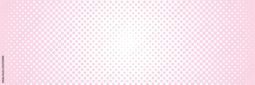 Poster Abstract halftone pattern with a gradient dot effect, transitioning from dense black circles to soft pink. Modern pop-art inspired digital background for retro and comic-style designs