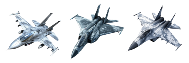 A Set of Tactical Military Jets Flying in Formation Isolated on Transparent Background