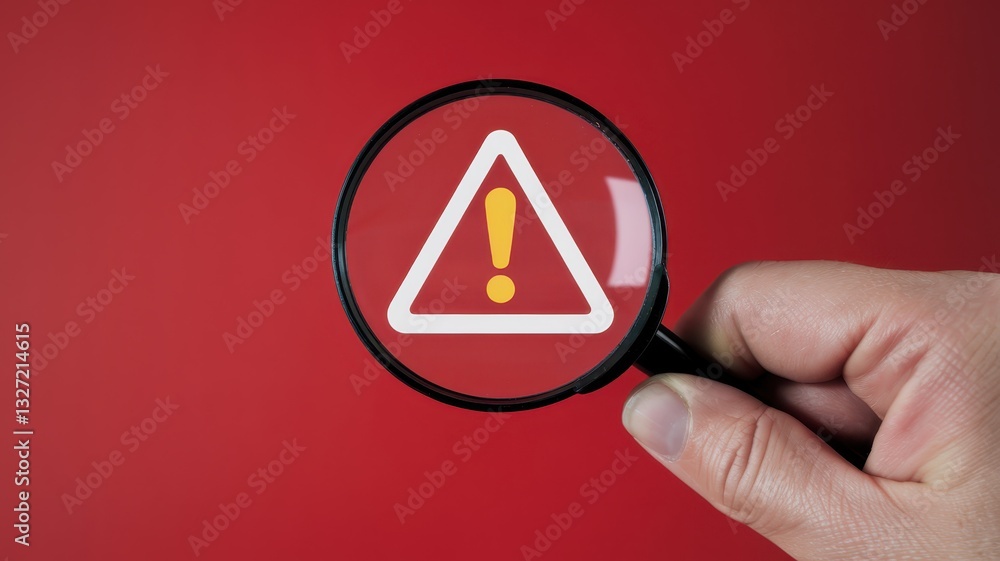 Poster magnifying glass unveiling a warning sign: close-up of a hand holding a magnifying glass focused on 