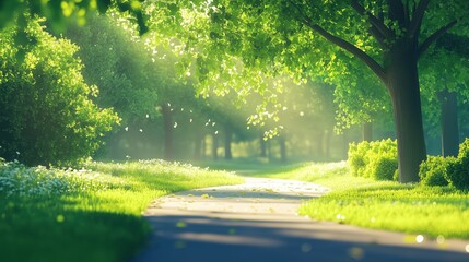Obraz premium A sunlit forest path surrounded by lush greenery, creating a tranquil and serene environment. Ideal for nature, wellness, or relaxation-themed projects