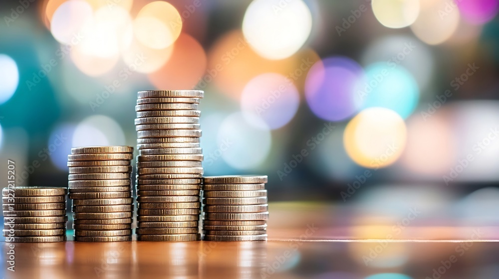 Poster Stacks of shining coins creating a beautiful bokeh background showcasing wealth and prosperity : Generative AI