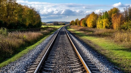 Tranquil Railway Tracks Winding Through Vibrant Autumn Landscape : Generative AI