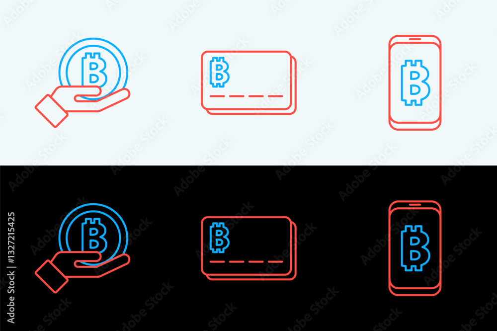 Poster set line mining bitcoin from mobile, hand holding bitcoin and credit card with icon. vector