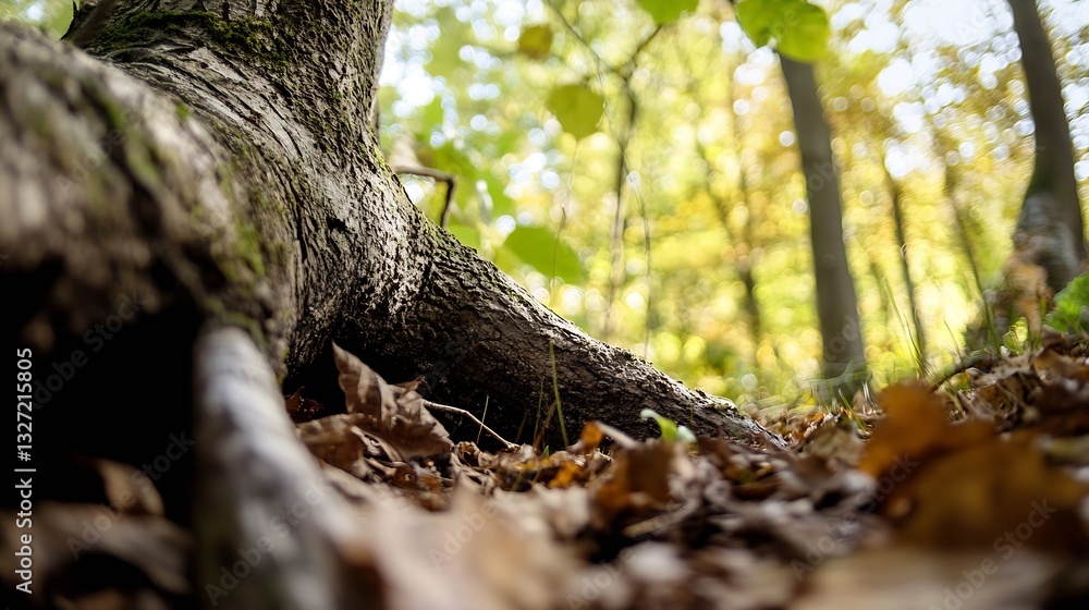 Poster Closeup view of a tree root surrounded by fallen leaves in a lush forest capturing the essence of nature's beauty : Generative AI