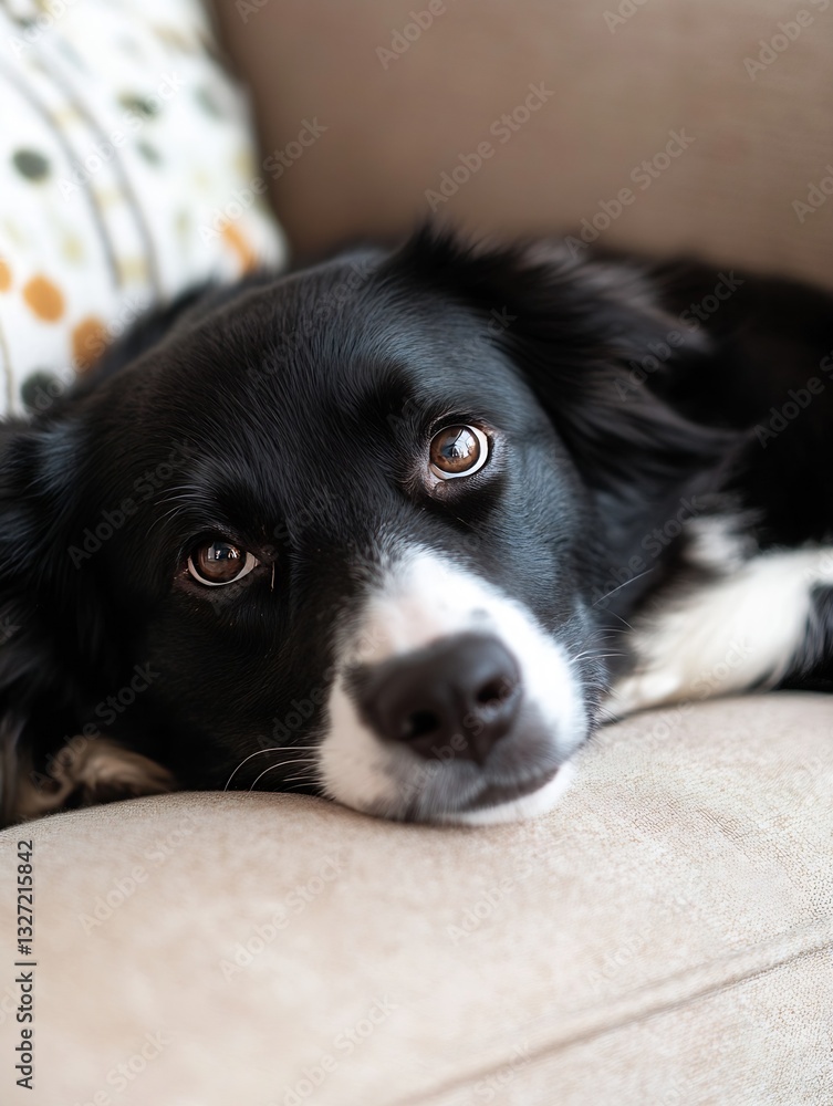 Poster charming black and white dog resting on a cozy couch with a thoughtful expression : generative ai