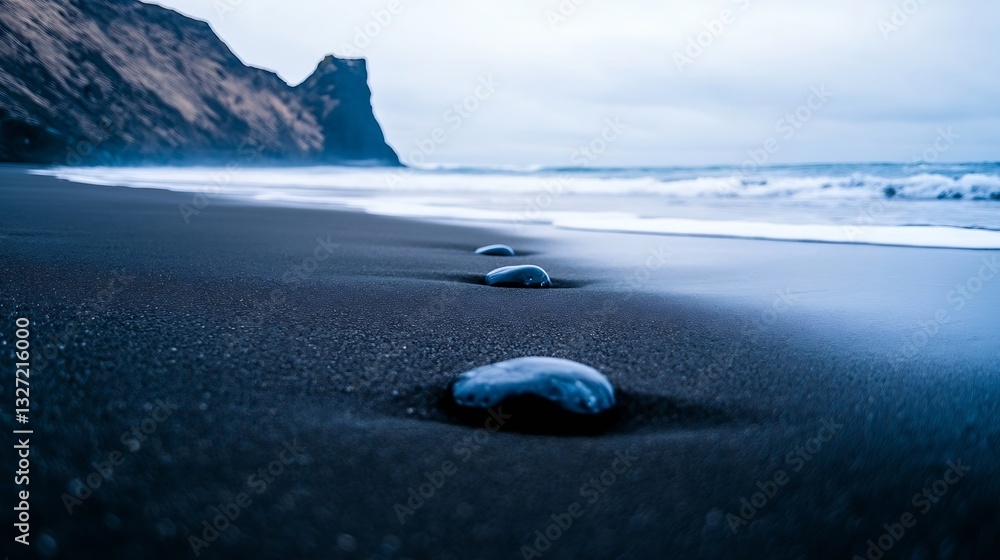 Poster moody coastal scene with black sand beach and smooth stones against a dramatic backdrop : generative