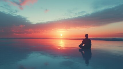 A person meditating on a reflective surface during sunset, with vibrant orange and blue hues in the sky. Ideal for wellness, meditation, and relaxation themes