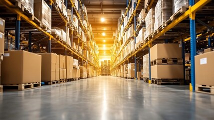 Fototapeta premium Brightly Lit Warehouse Aisle Filled with Cardboard Boxes and Pallets for Logistics : Generative AI