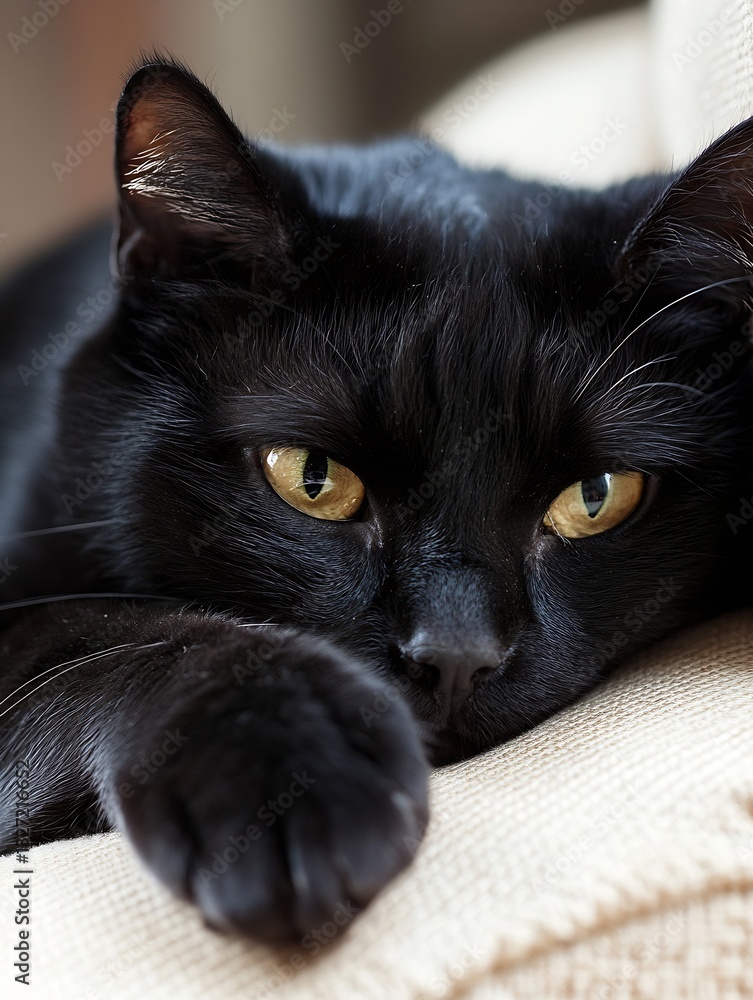 Poster charming black cat resting comfortably on a soft beige sofa with piercing amber eyes : generative ai