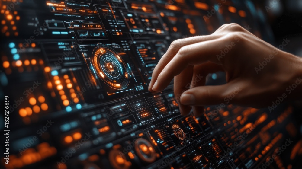Poster futuristic interface: hand interacting with advanced technology display