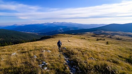 Hiker trekking through golden grass on a beautiful mountain landscape in nature : Generative AI
