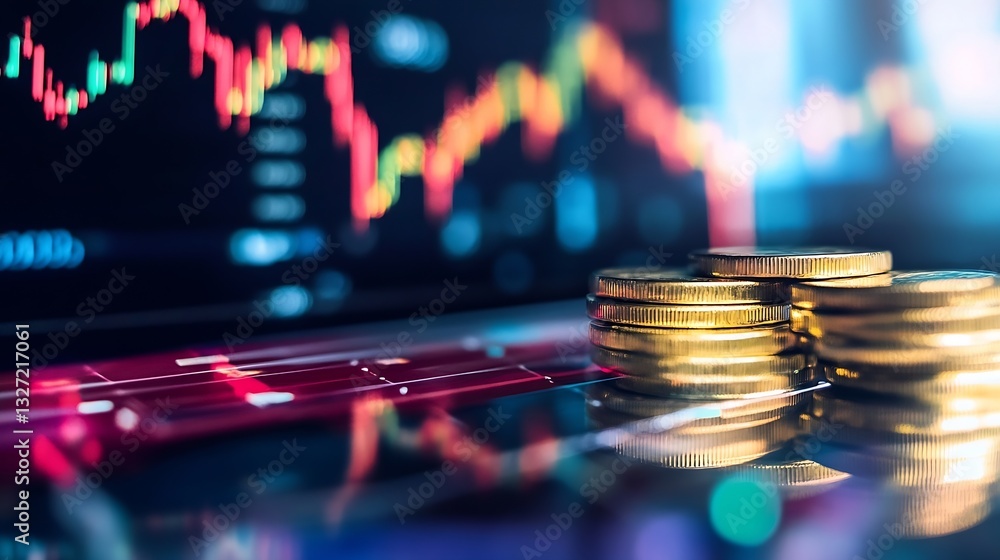 Poster Stack of Gold Coins with Financial Chart Display in Colorful Background : Generative AI