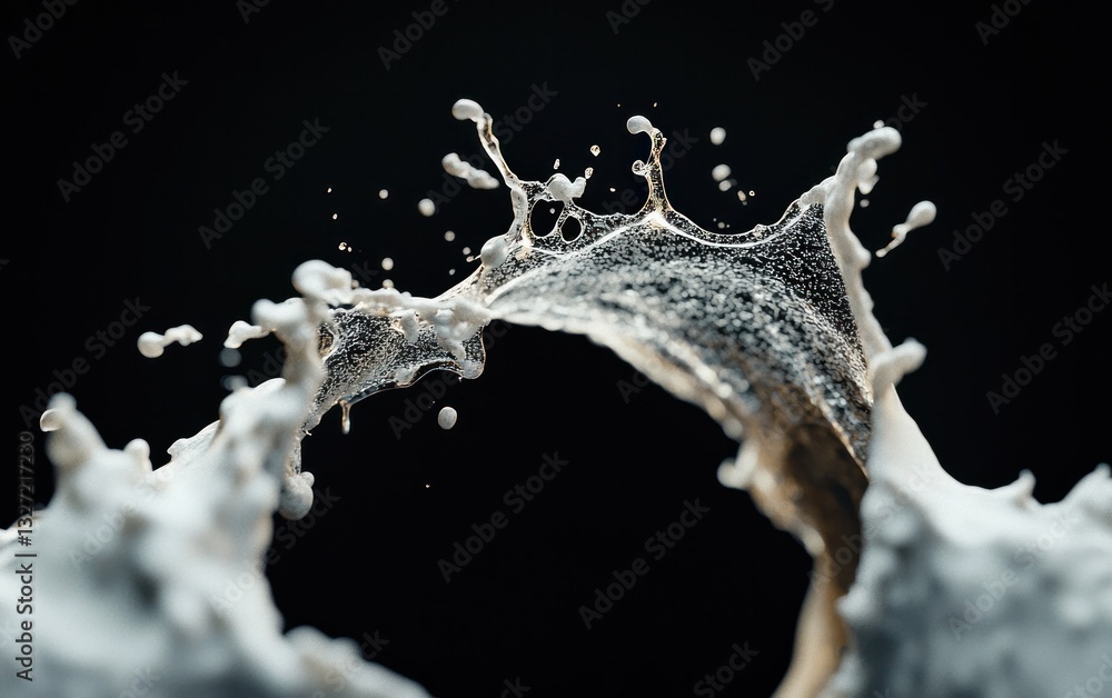 Poster abstract image of a dynamic liquid splash against a dark background. the splash is white and beige, 