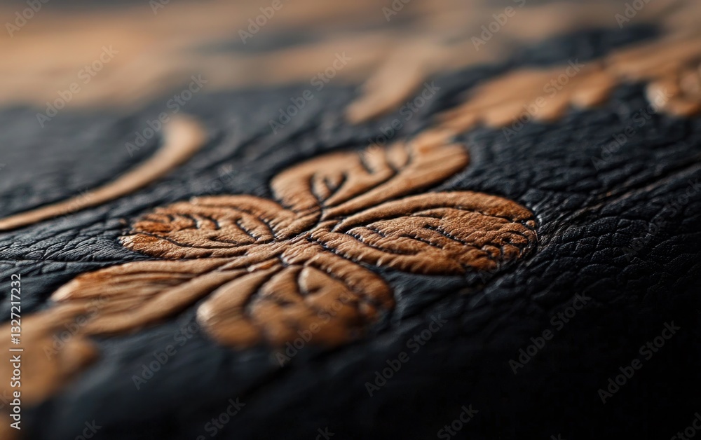Poster close-up view of dark textured material with embossed copper floral pattern. the lighting emphasizes