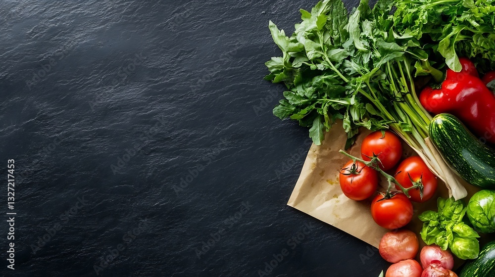 Poster assorted fresh vegetables including tomatoes and herbs arranged on a dark stone surface : generative