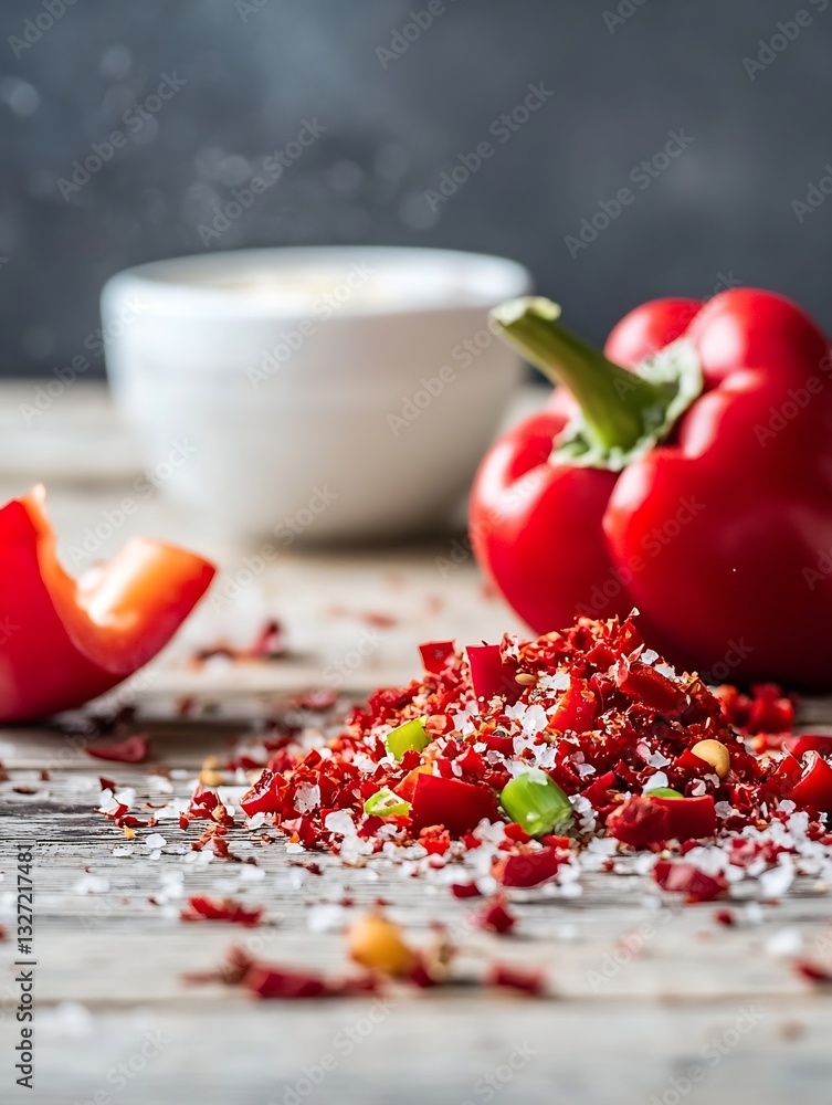 Poster vibrant red peppers with chopped chili and salt on rustic wooden table background : generative ai