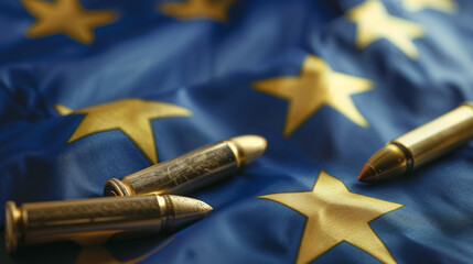 Ammunition placed on European Union flag fabric. Gold bullets contrasting against blue textile with yellow stars, representing militarization, defense spending and growing security concerns in Europe