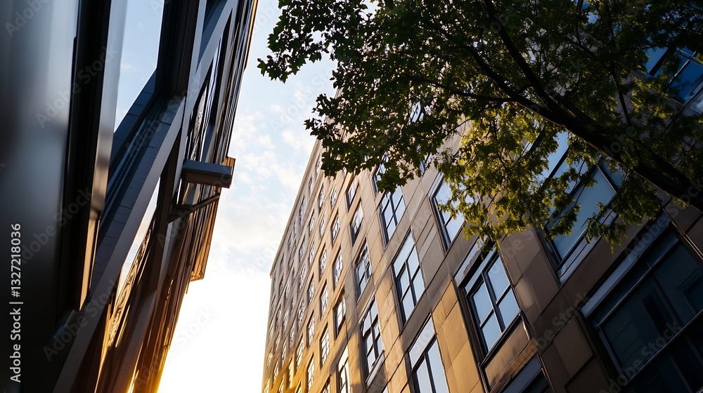 Poster stunning view of modern architecture with sunlight filtering through buildings : generative ai