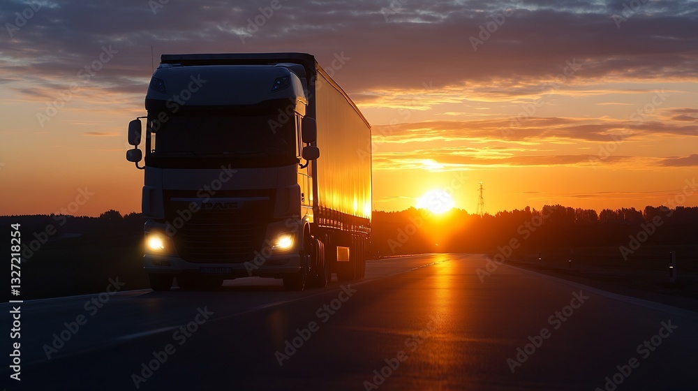 Poster silhouette of a large truck driving on an open road at sunset with vibrant colors in the sky : gener