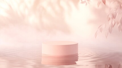 Front View of a Pastel Peach Cosmetic Podium with Floating Water Ripples and Gentle Mist. Copy space. Generative AI