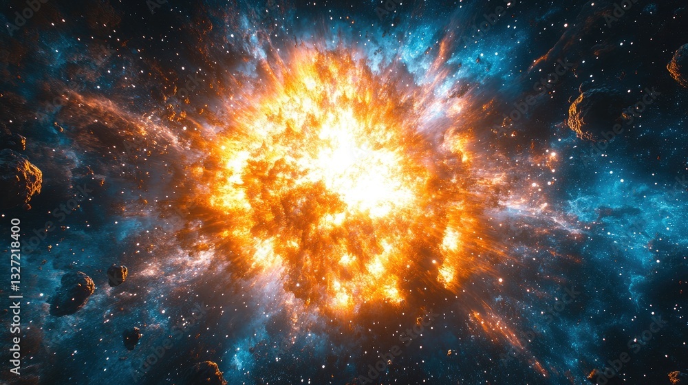 Poster cosmic explosion in deep space. possible use science fiction, astronomy, background