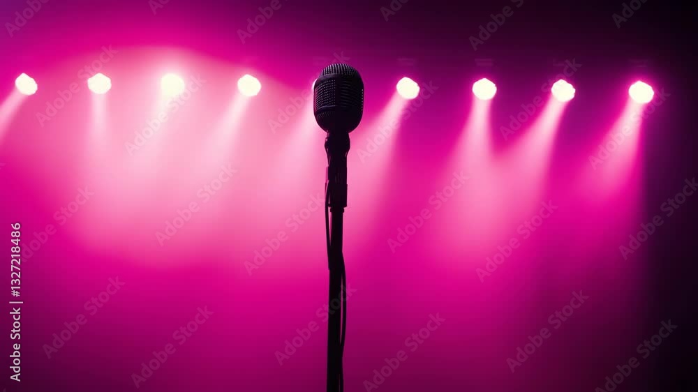 Poster stage with a microphone illuminated by pink lights during a live performance at a local venue in the
