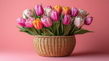 Obraz premium Colorful tulips in a woven basket