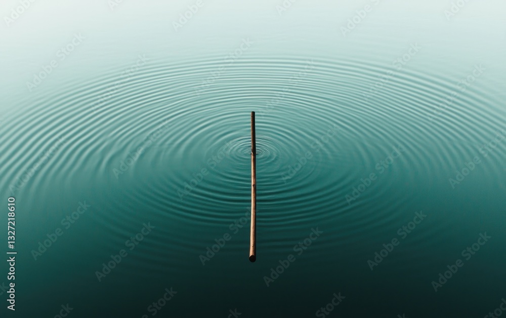 Poster a dark brown stick stands upright in teal water, creating concentric ripples. the background is a so