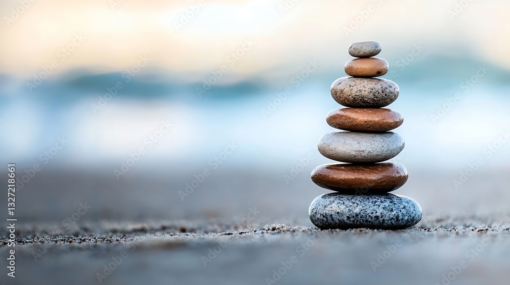 Poster balanced stacked smooth stones on shore highlighting zen and tranquility in nature : generative ai