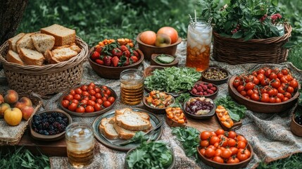 Fototapeta premium Summer picnic spread with fresh fruits sandwiches and iced drinks on a picnic blanket. Generative AI