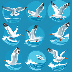 Soaring Seagulls: A captivating illustration showcases seagulls in various dynamic flight poses above the ocean, each one a perfect embodiment of freedom, agility, and the spirit of the open sea. 