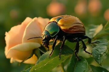 Fototapeta premium Japanese beetle infestation on rose bush harms garden plants Generative AI