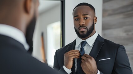 A Black man in a crisp suit, straightening his tie while looking into a mirror. 