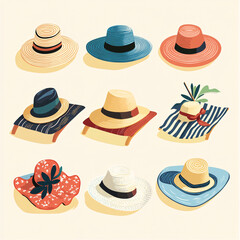 Sun Hats: A delightful collection of colorful sun hats, arranged neatly against a soft backdrop, each with unique design and texture, inviting a sense of leisure and summer vibes.