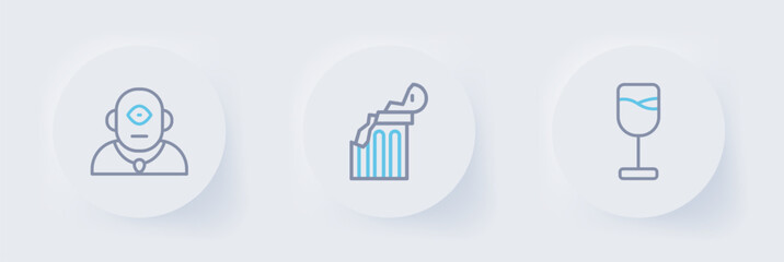 Set line Wine glass, Broken ancient column and Cyclops icon. Vector