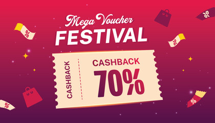 Mega voucher Festival with sparkling neon lights. Vector illustration for shopping day promotion, online shopping, special Offer coupons, voucher, banner templates, websites, and social media advertis